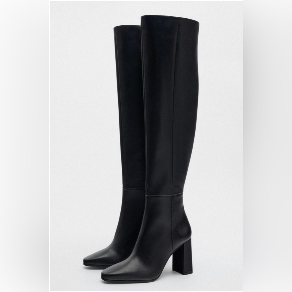 Zara Sz 6 Black Over Knee Goat Leather Blocked Heeled Boots